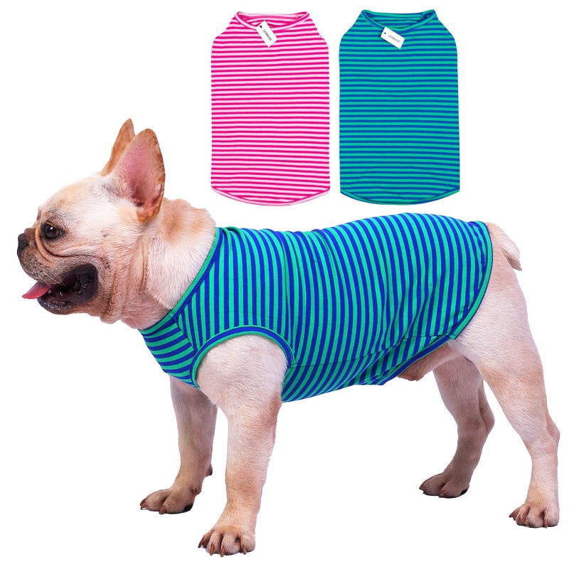LEVIBASIC Dog Shirts Cotton Striped T-Shirts, Breathable Basic Vest for Puppy and Cat, Super Soft Stretchable Doggy Tee Tank Top Sleeveless, Fashion & Cute Color for Boys and Girls (M, Pink+Green) - Image 1